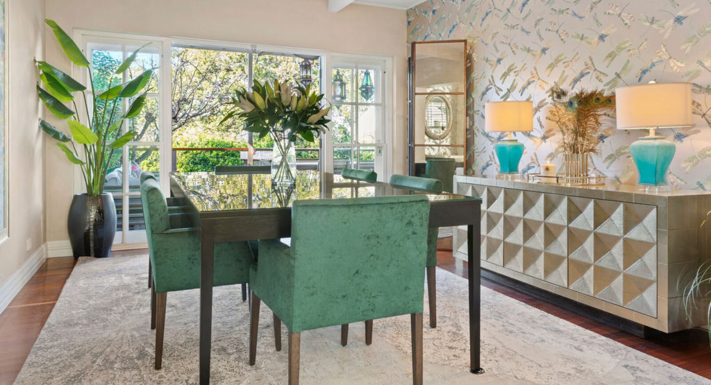Green luxe dining room designed by Rachel Boden Interiors Australia