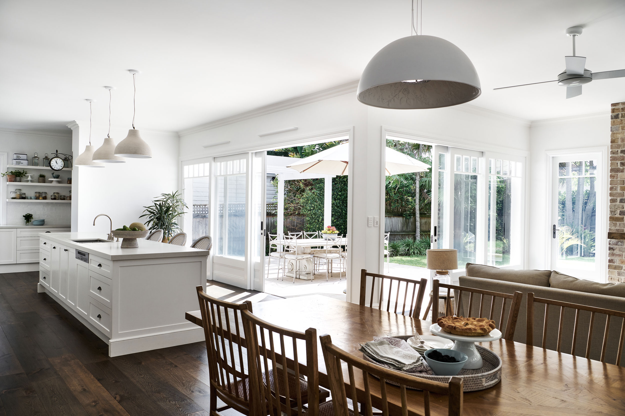 Stunning Mosman home interior designed by Rachel Boden Interiors open plan kitchen diner with lounge