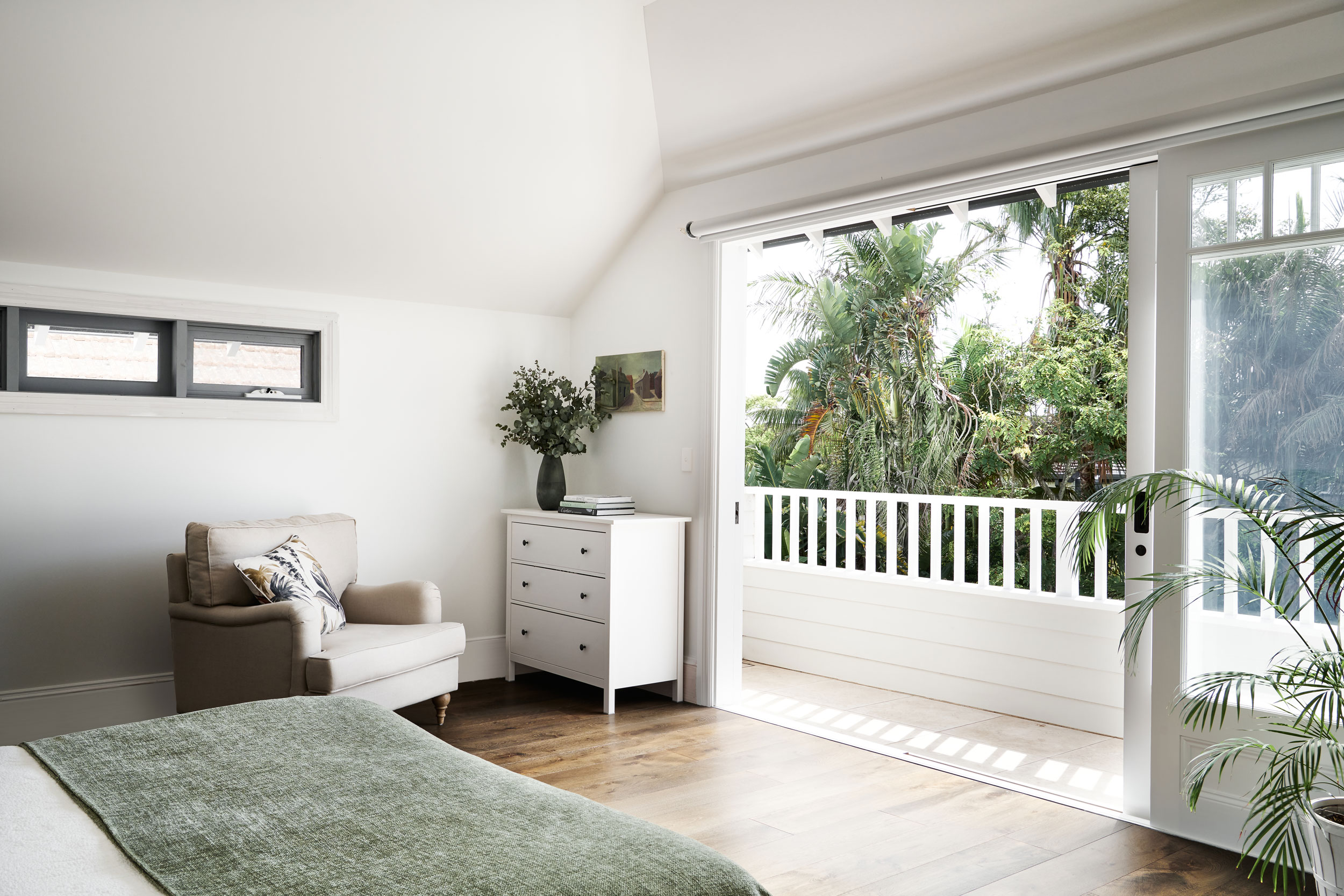 Stunning light and airy Bedroom with white and green colour scheme by Rachel Boden Interiors Sydney Australia