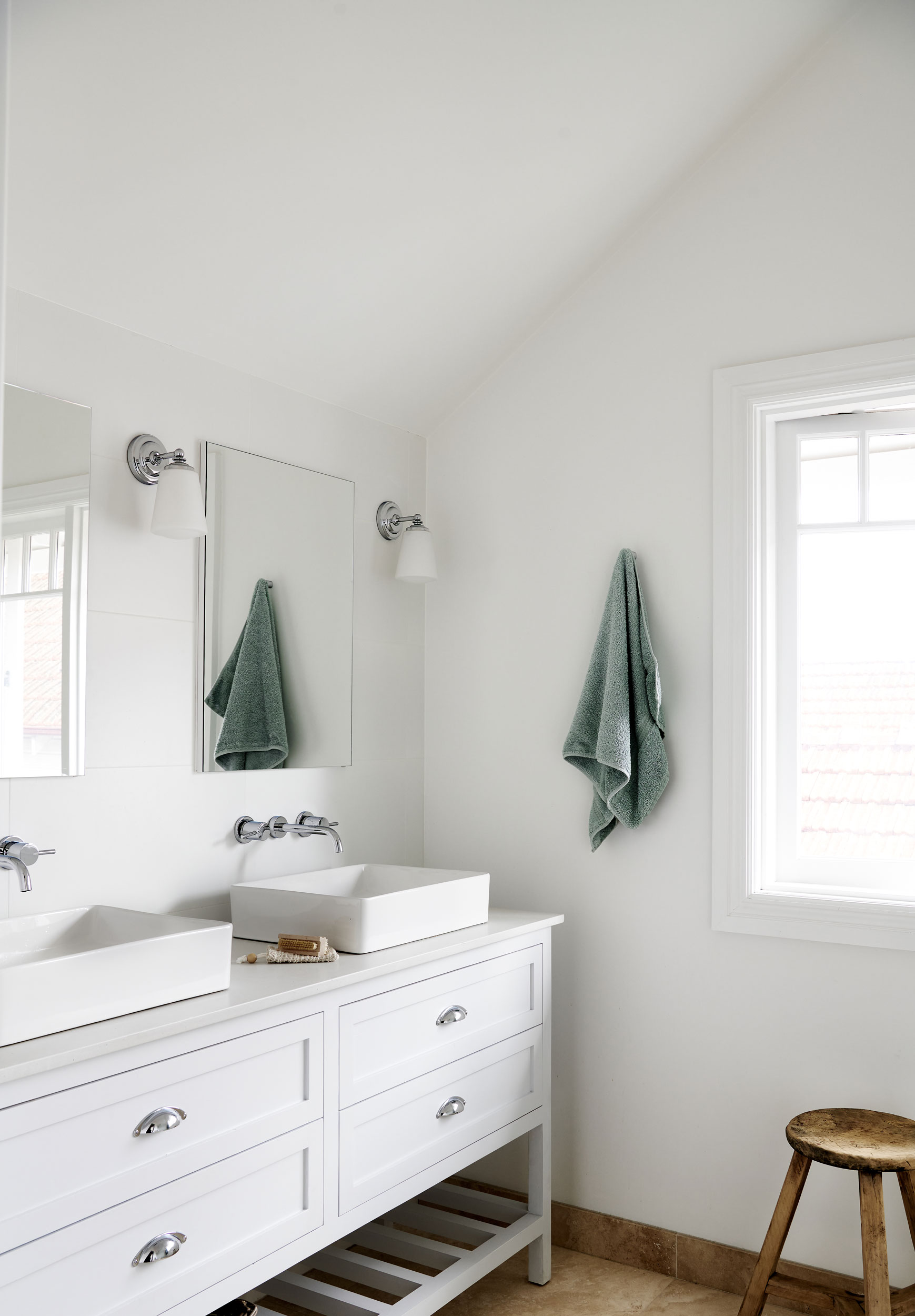 Timeless Ensuite bathroom with white and green colour scheme designed by Rachel Boden Interiors Sydney Australia