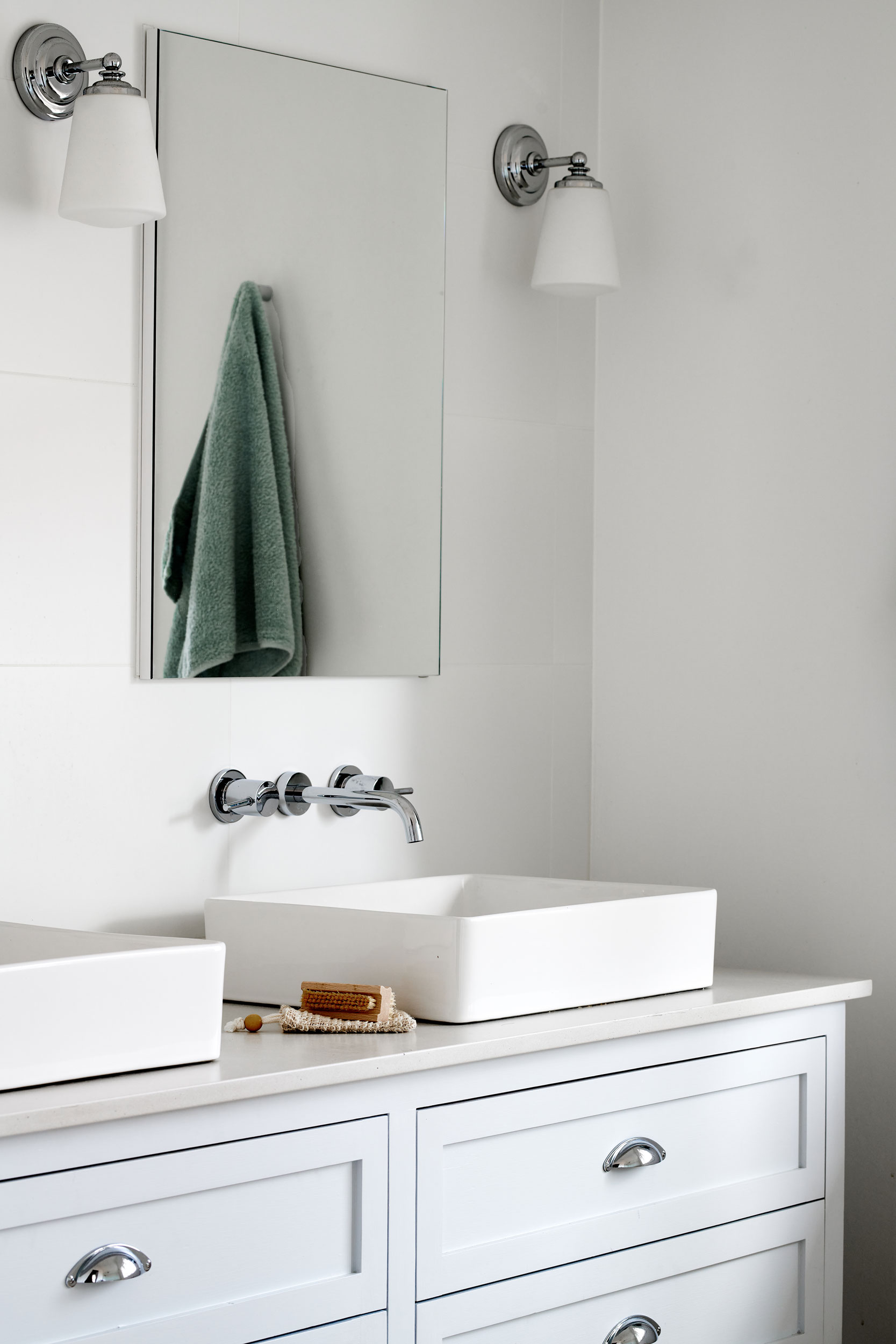 White and green classic design Ensuite Bathroom close up in Mosman house by Rachel Boden Interiors Sydney Australia