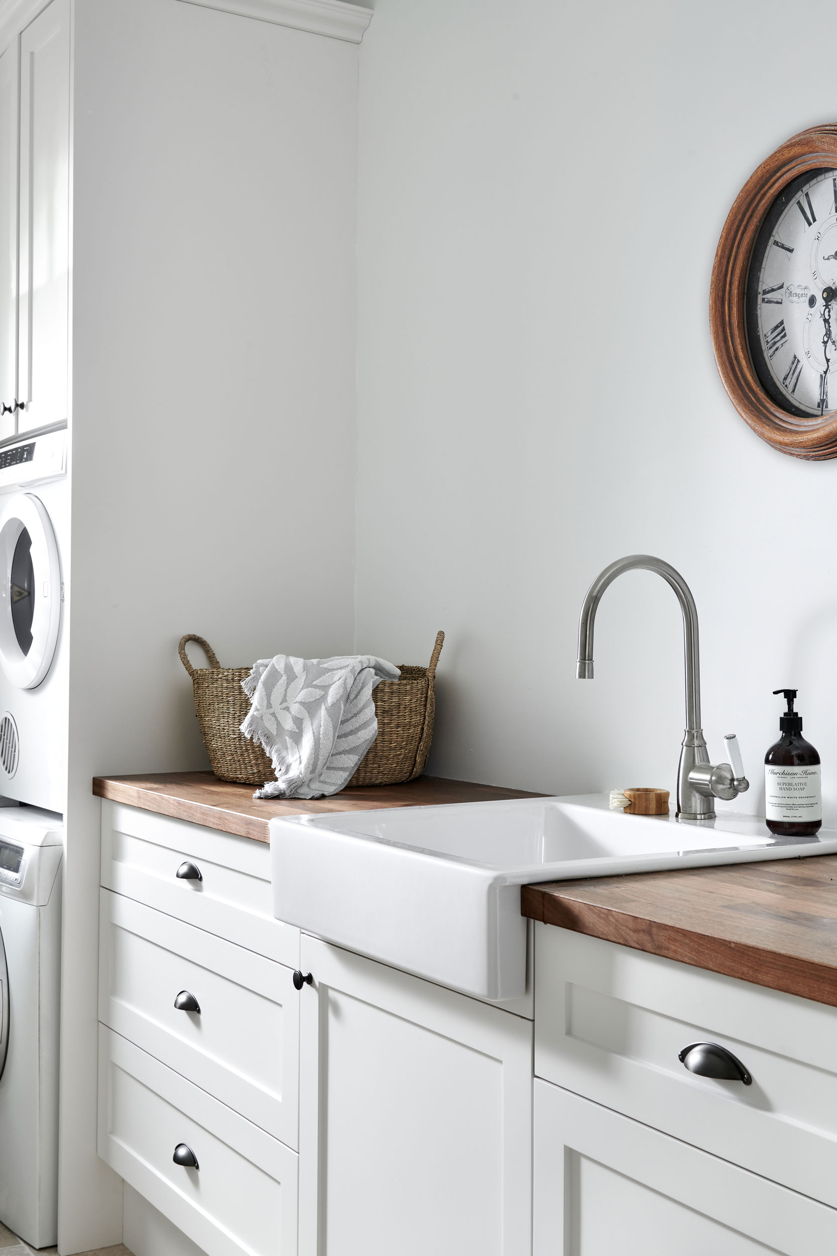 Timeless Laundry design in white and wood by Rachel Boden Interiors in Mosman Sydney