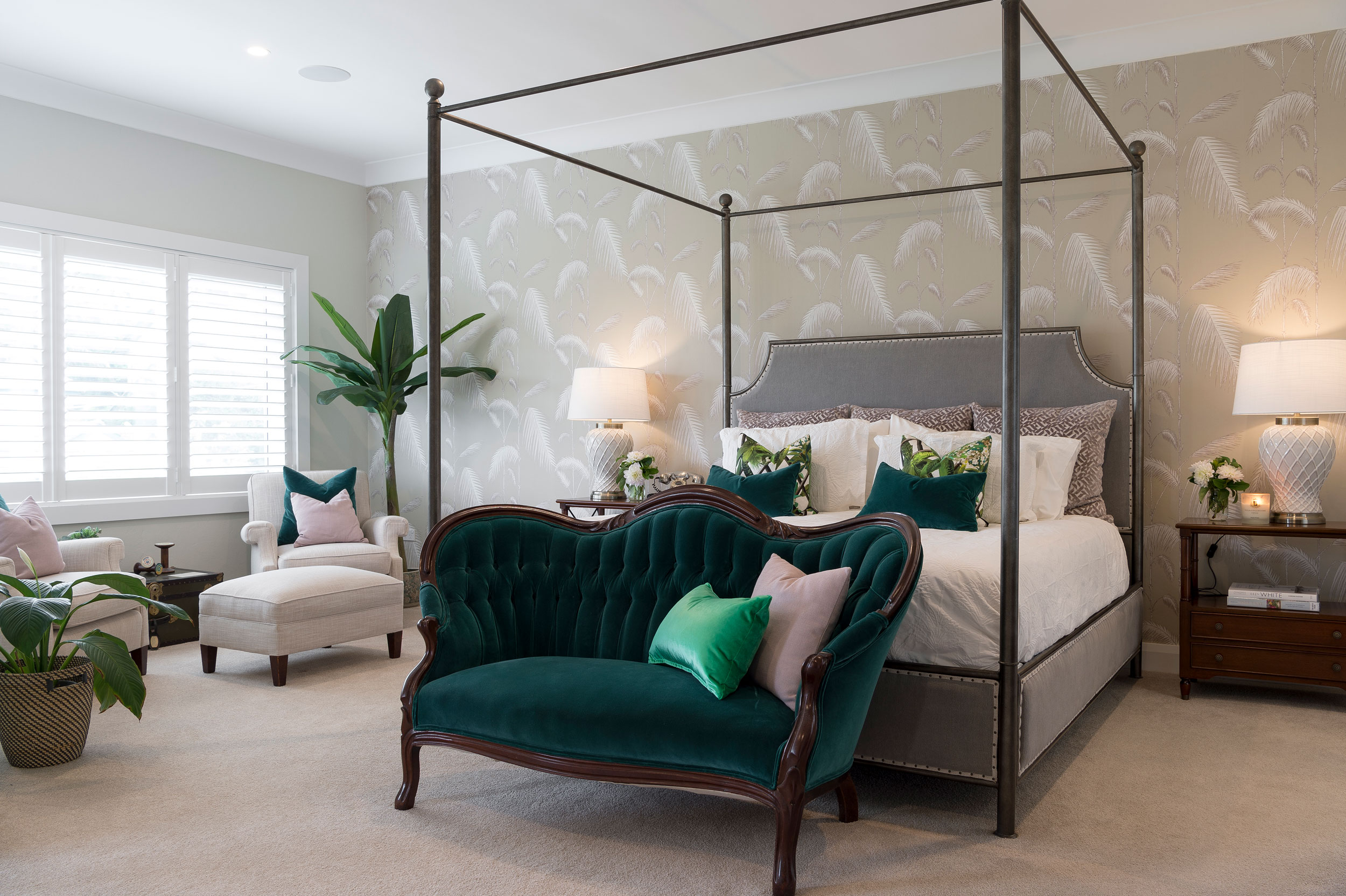 Sumptuous bedroom design using green and white colour scheme designed by Rachel Boden Interiors Watsons Bay Bedroom Australia